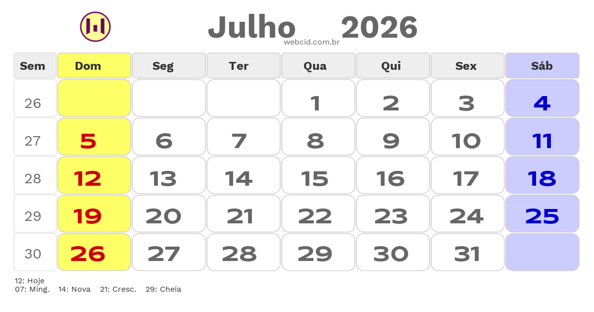 Calendário 2026 - Julho - Angola com feriados e fases da lua