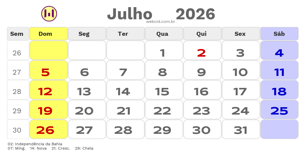 Calendário 2026 - Julho - Filadelfia-BA com feriados e fases da lua