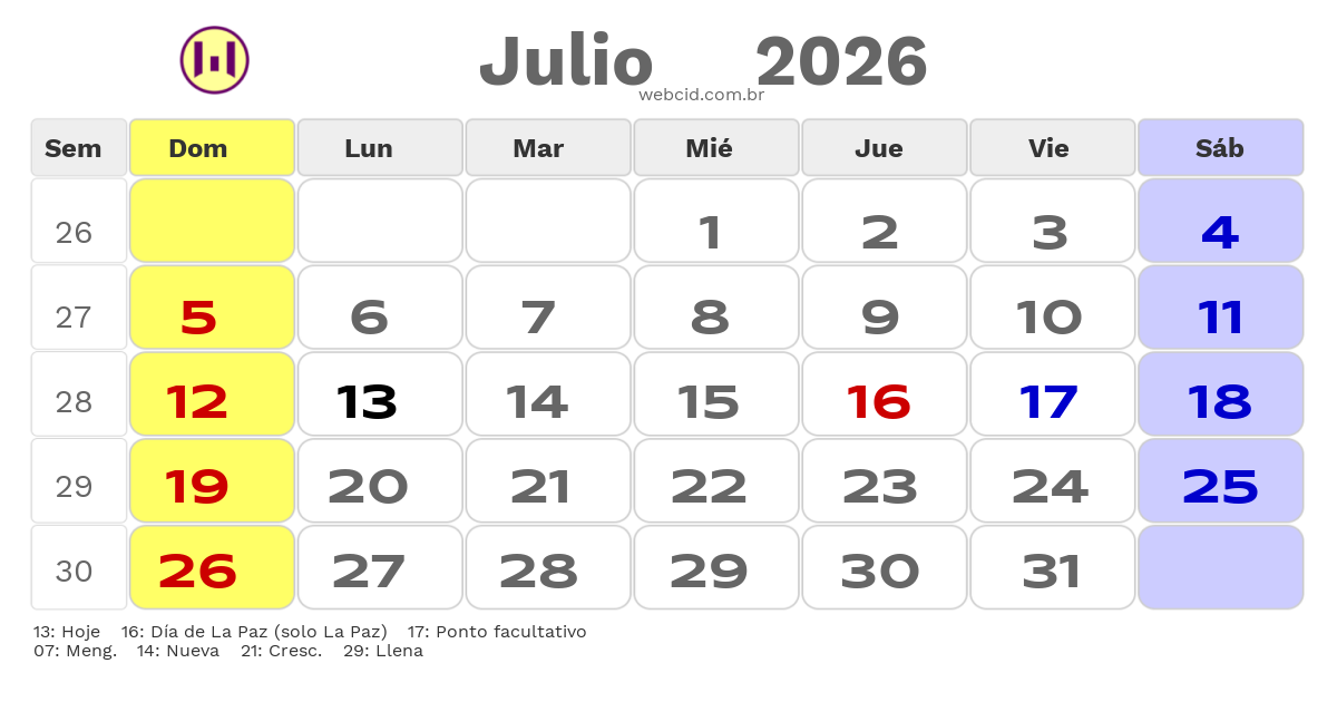 Calendario 2026 - Julio - Bolívia com feriados e fases da lua