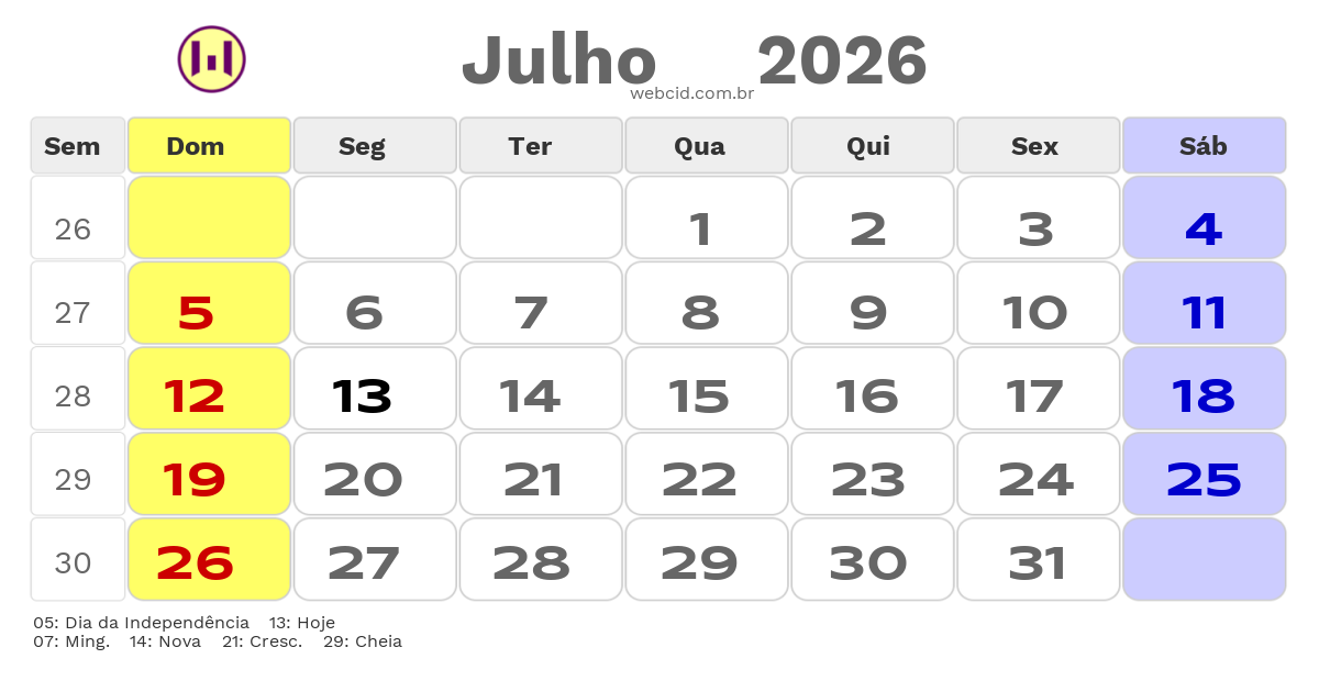 Calendário 2026 - Julho - Cabo Verde com feriados e fases da lua