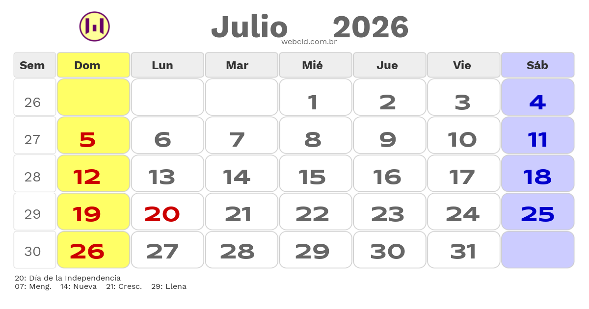 Calendario 2026 - Julio - Colômbia com feriados e fases da lua