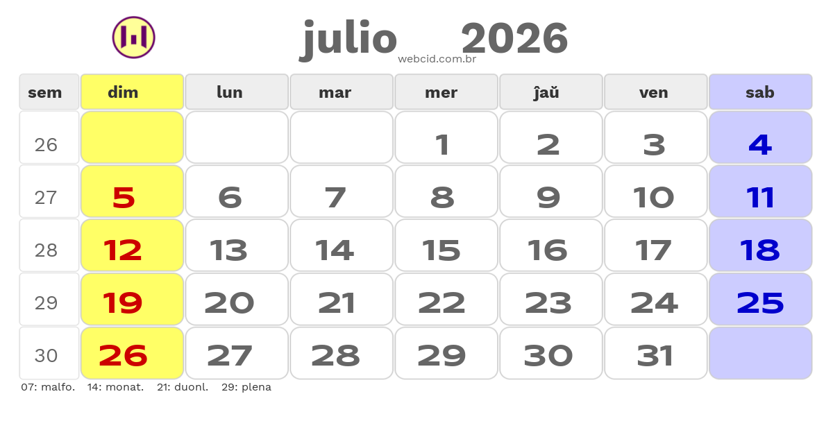 Kalendaro 2026 - julio - Esperanto-ESPERANTO com feriados e fases da lua