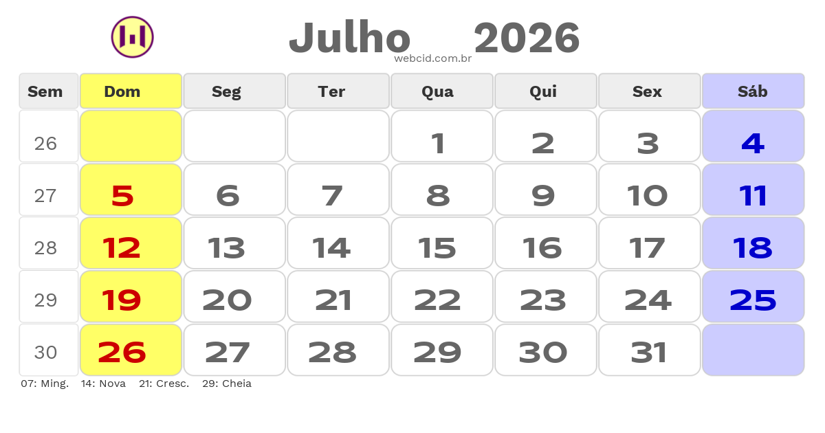 Calendário 2026 - Julho - Feriados Bancários com feriados e fases da lua