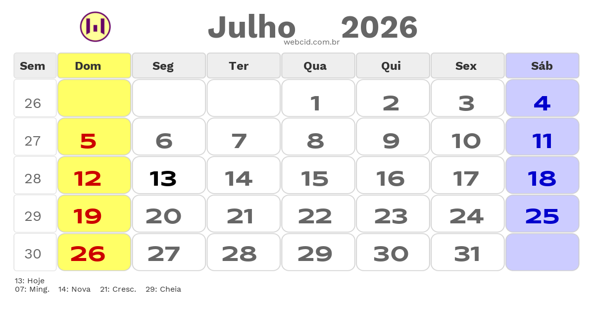 Calendário 2026 - Julho - Guiné-Bissau com feriados e fases da lua