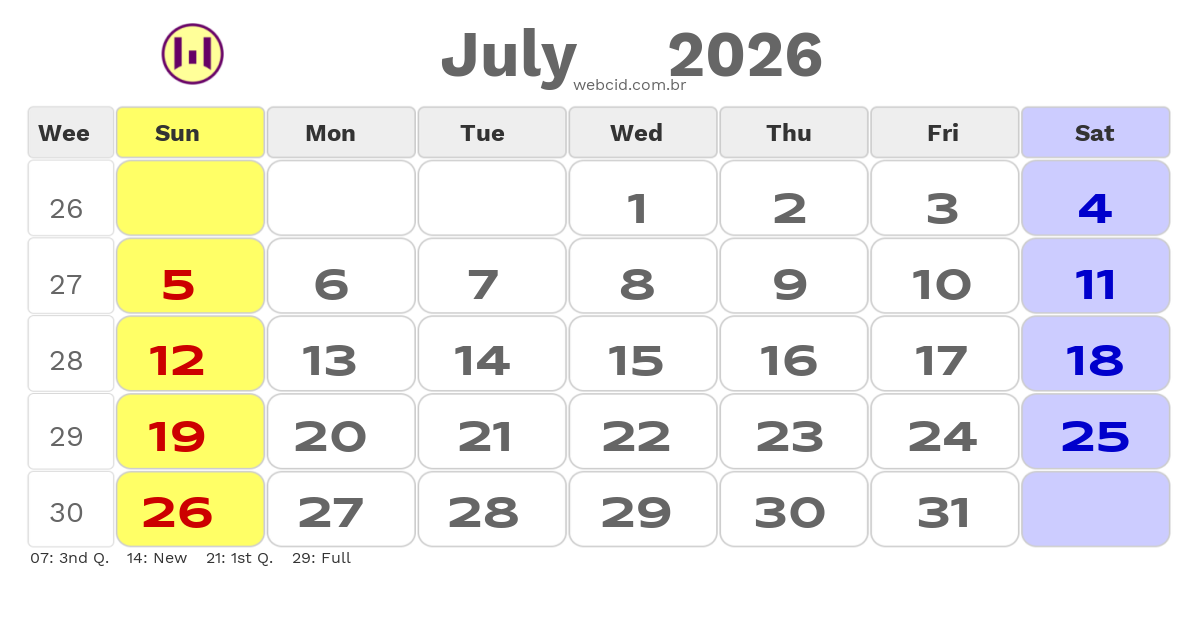 Calendar 2026 - July - Inglaterra com feriados e fases da lua
