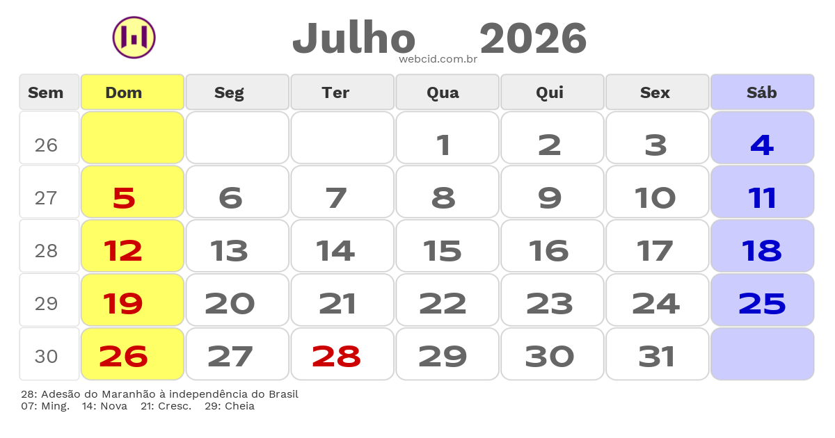 Calendário 2026 - Julho - Governador Nunes Freire-MA com feriados e fases da lua