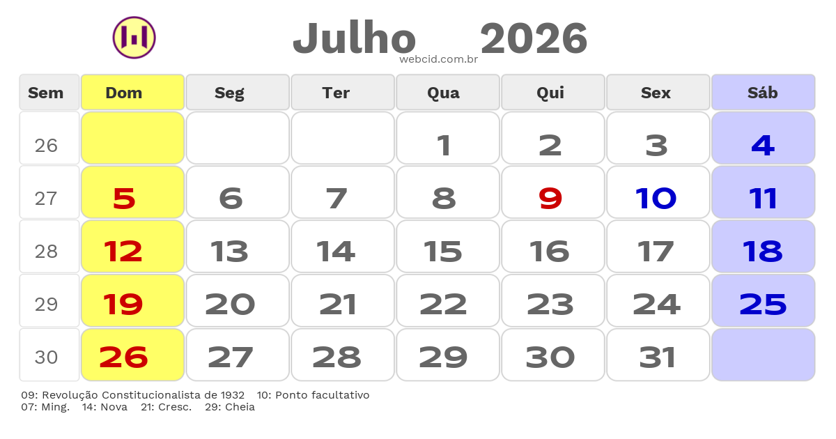 Calendário 2026 - Julho - Ubatuba-SP com feriados e fases da lua