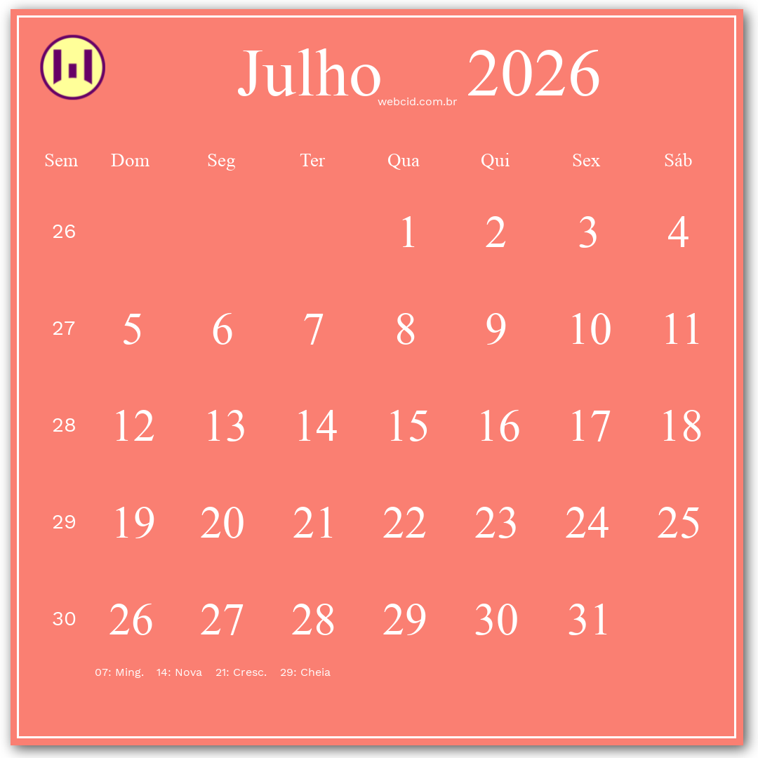 Calendário 2026 - Julho - Brasil com feriados e fases da lua