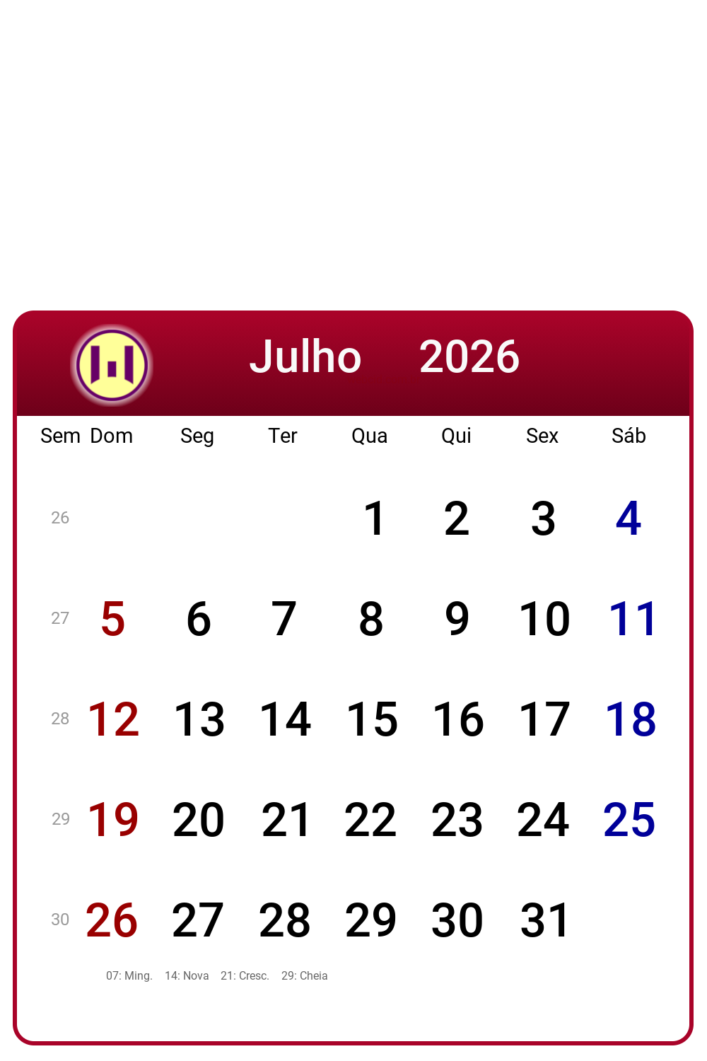Calendário 2026 - Julho - Brasil com feriados e fases da lua