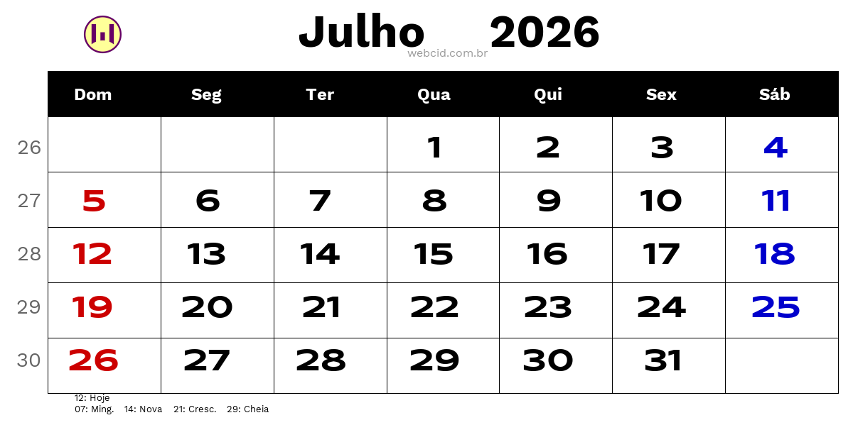 Calendário 2026 - Julho - Brasil com feriados e fases da lua