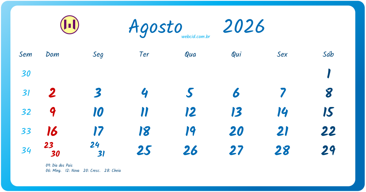 Calendário 2026 - Agosto - Brasil com feriados e fases da lua