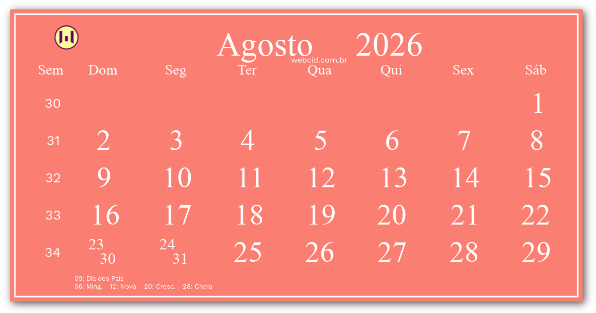 Calendário 2026 - Agosto - Brasil com feriados e fases da lua
