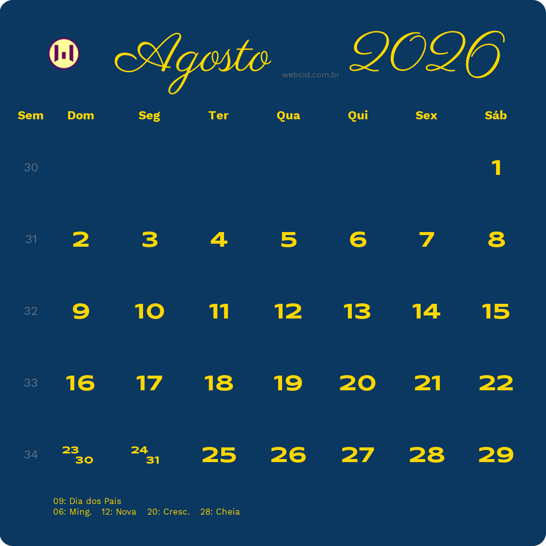 Calendário 2026 - Agosto - Brasil com feriados e fases da lua