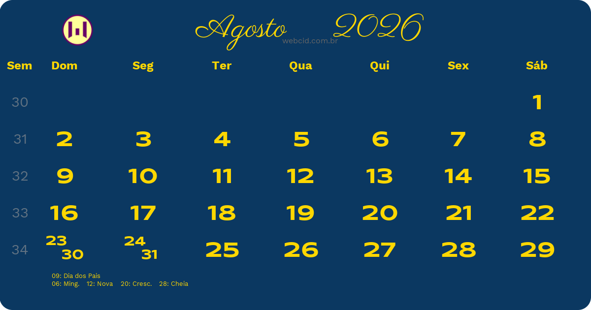 Calendário 2026 - Agosto - Brasil com feriados e fases da lua