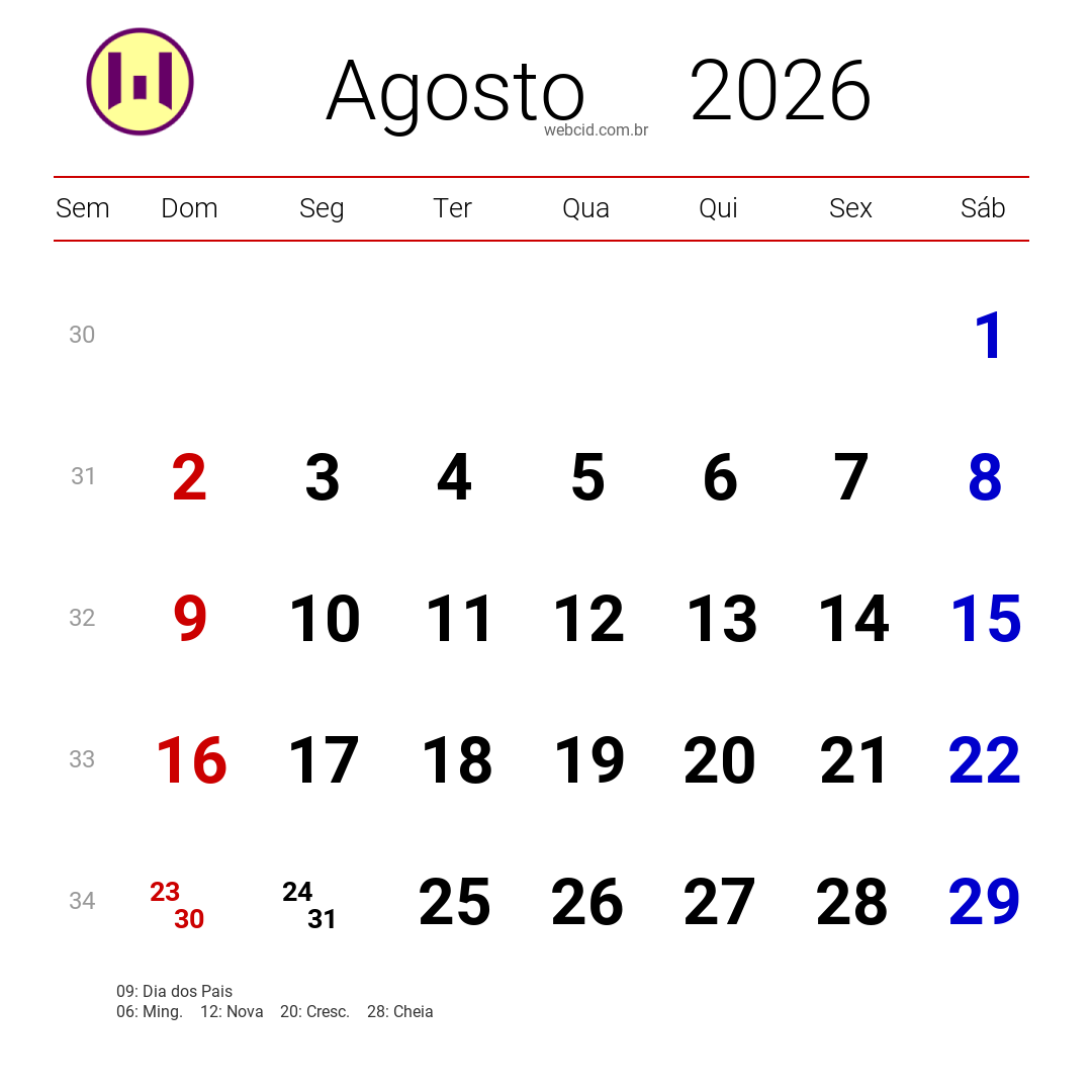 Calendário 2026 - Agosto - Brasil com feriados e fases da lua