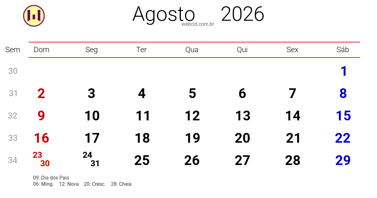 Calendário 2026 - Agosto - Brasil com feriados e fases da lua