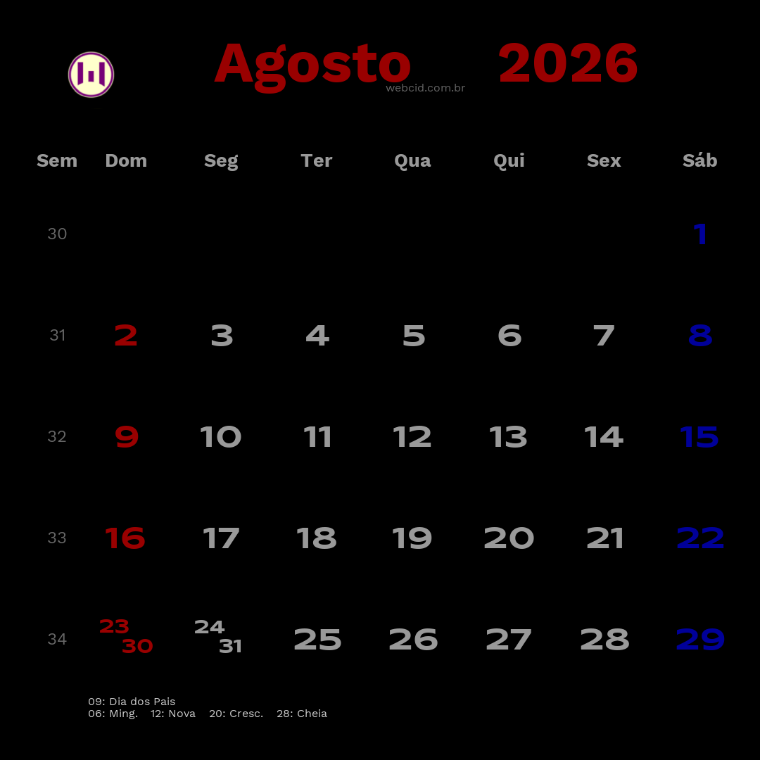 Calendário 2026 - Agosto - Brasil com feriados e fases da lua