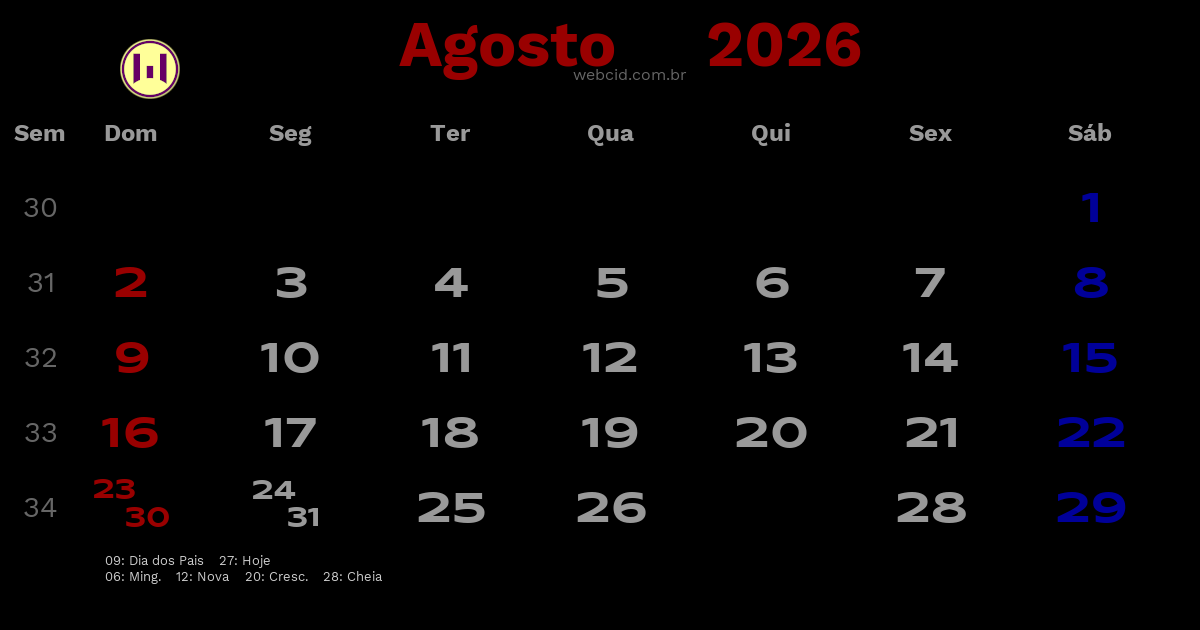 Calendário 2026 - Agosto - Brasil com feriados e fases da lua