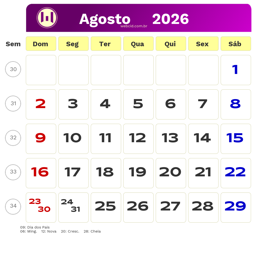 Calendário 2026 - Agosto - Brasil com feriados e fases da lua