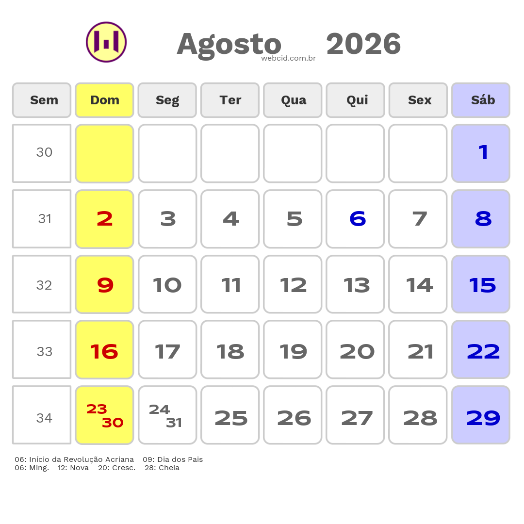 Calendário 2026 - Agosto - Feijó-AC com feriados e fases da lua