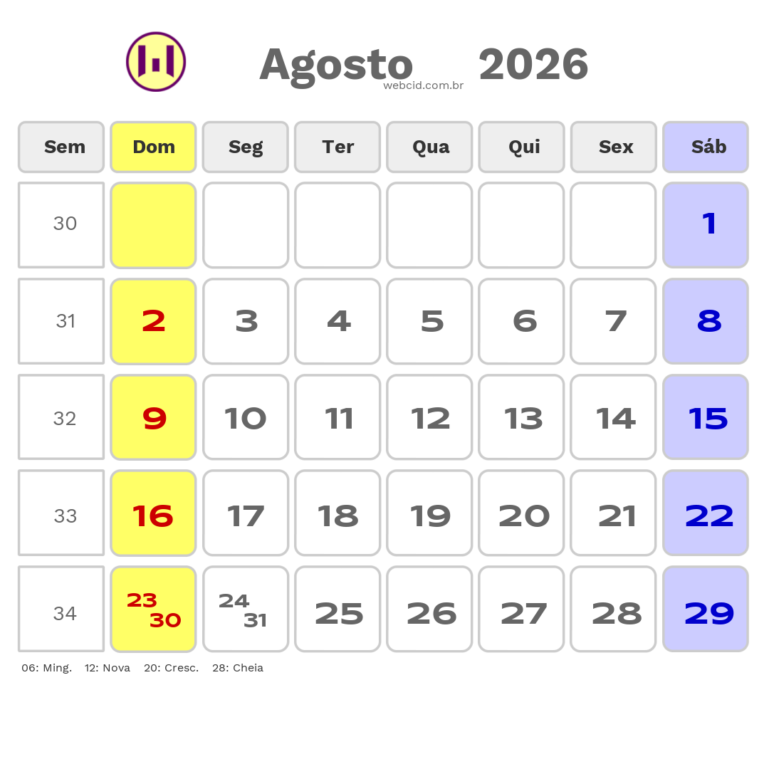 Calendário 2026 - Agosto - Angola com feriados e fases da lua