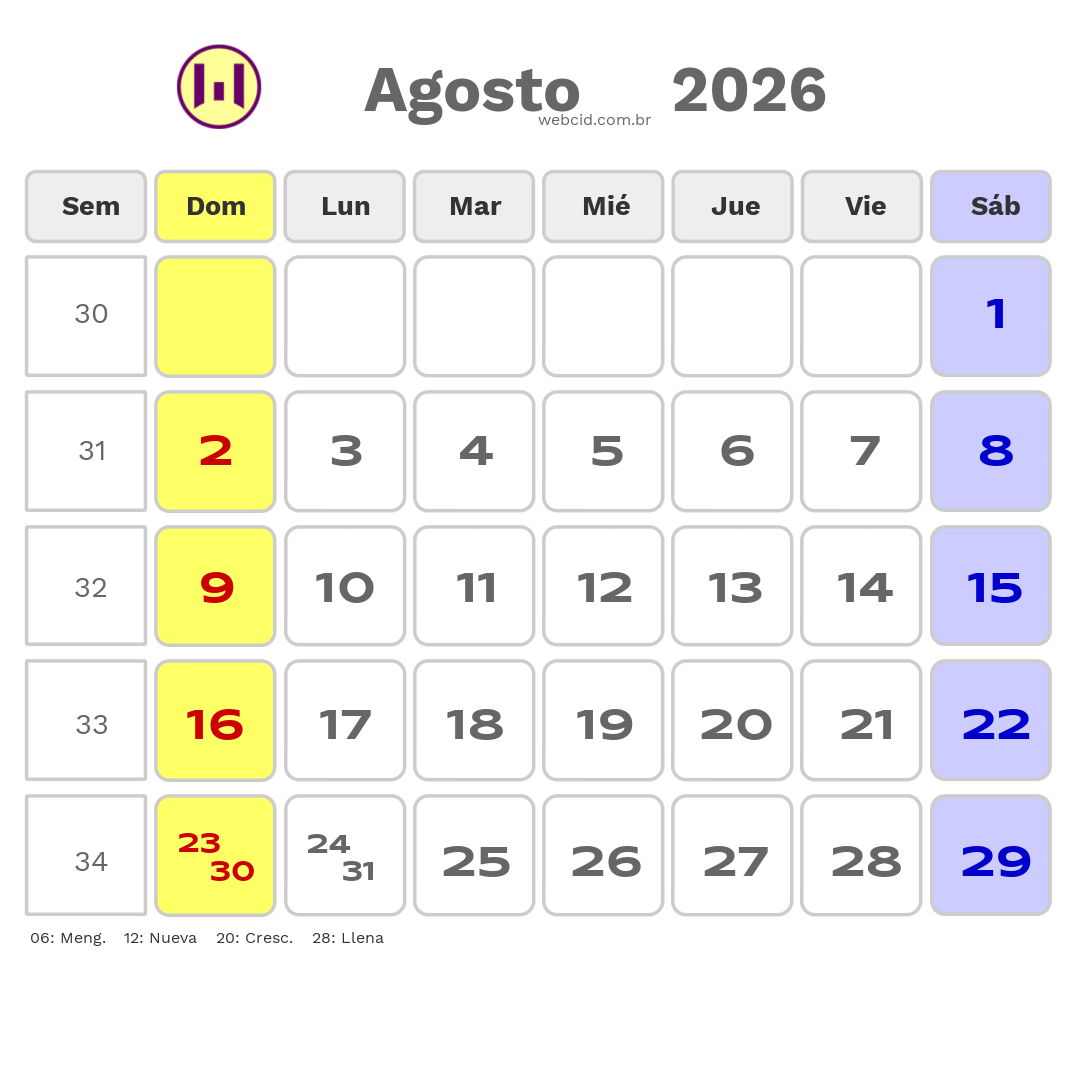Calendario 2026 - Agosto - Argentina com feriados e fases da lua