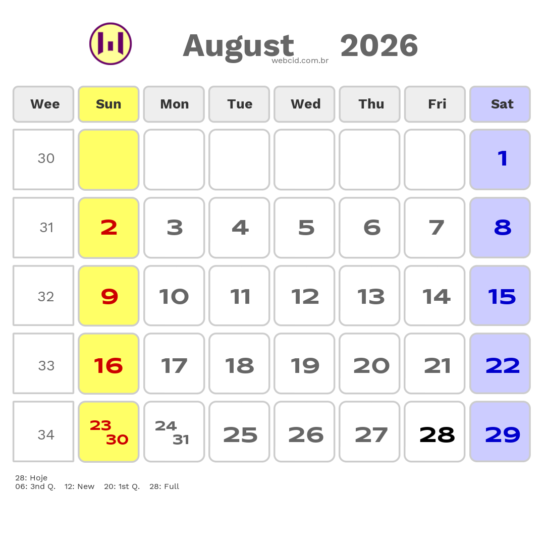 Calendar 2026 - August - Austrália com feriados e fases da lua