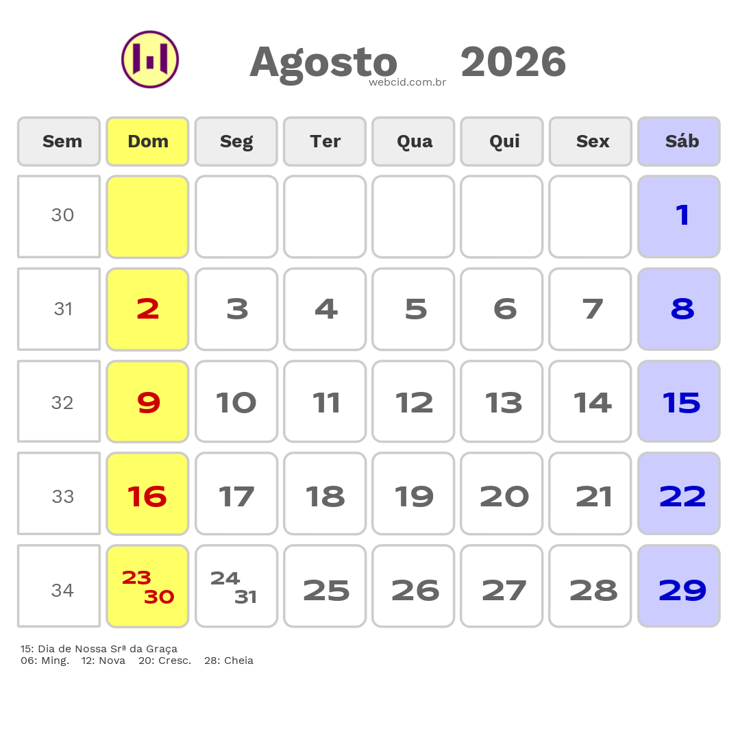 Calendário 2026 - Agosto - Cabo Verde com feriados e fases da lua