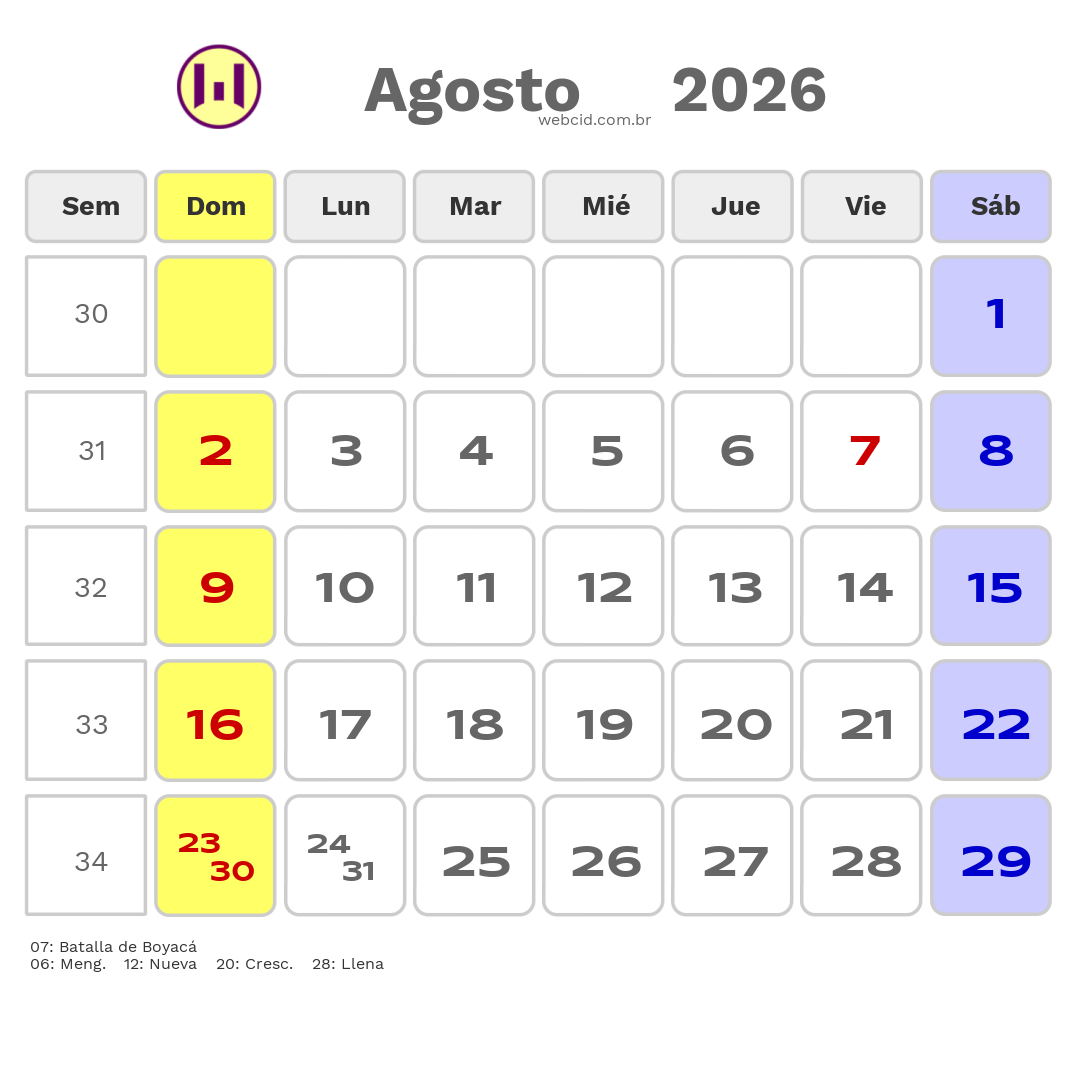Calendario 2026 - Agosto - Colômbia com feriados e fases da lua