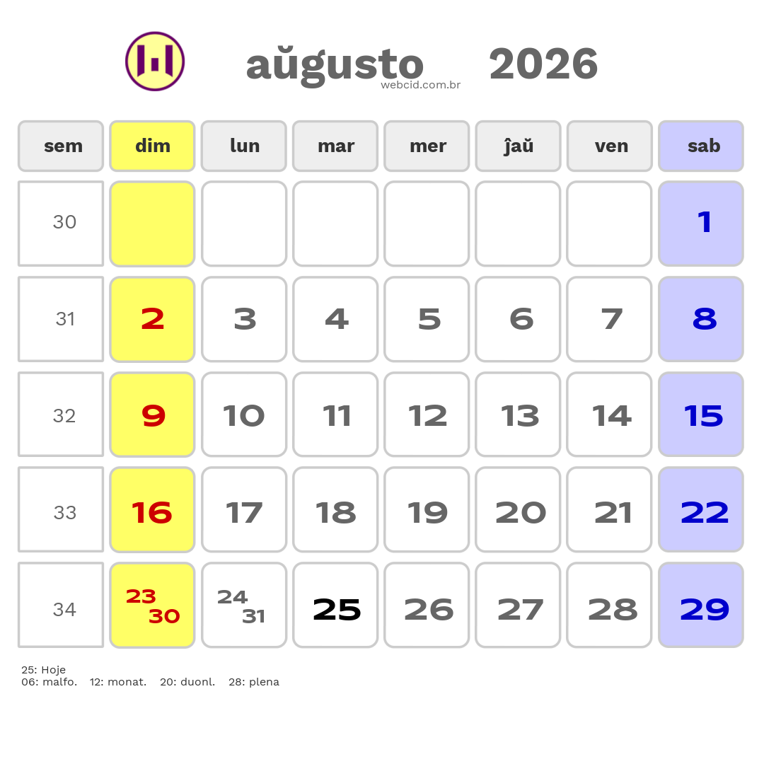 Kalendaro 2026 - aŭgusto - Esperanto-ESPERANTO com feriados e fases da lua