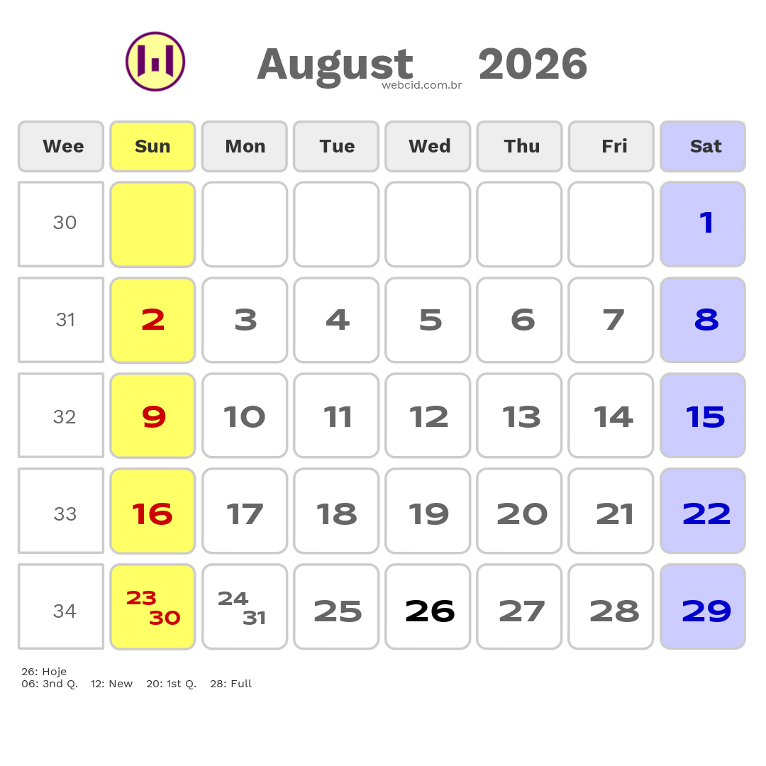 Calendar 2026 - August - Inglaterra com feriados e fases da lua