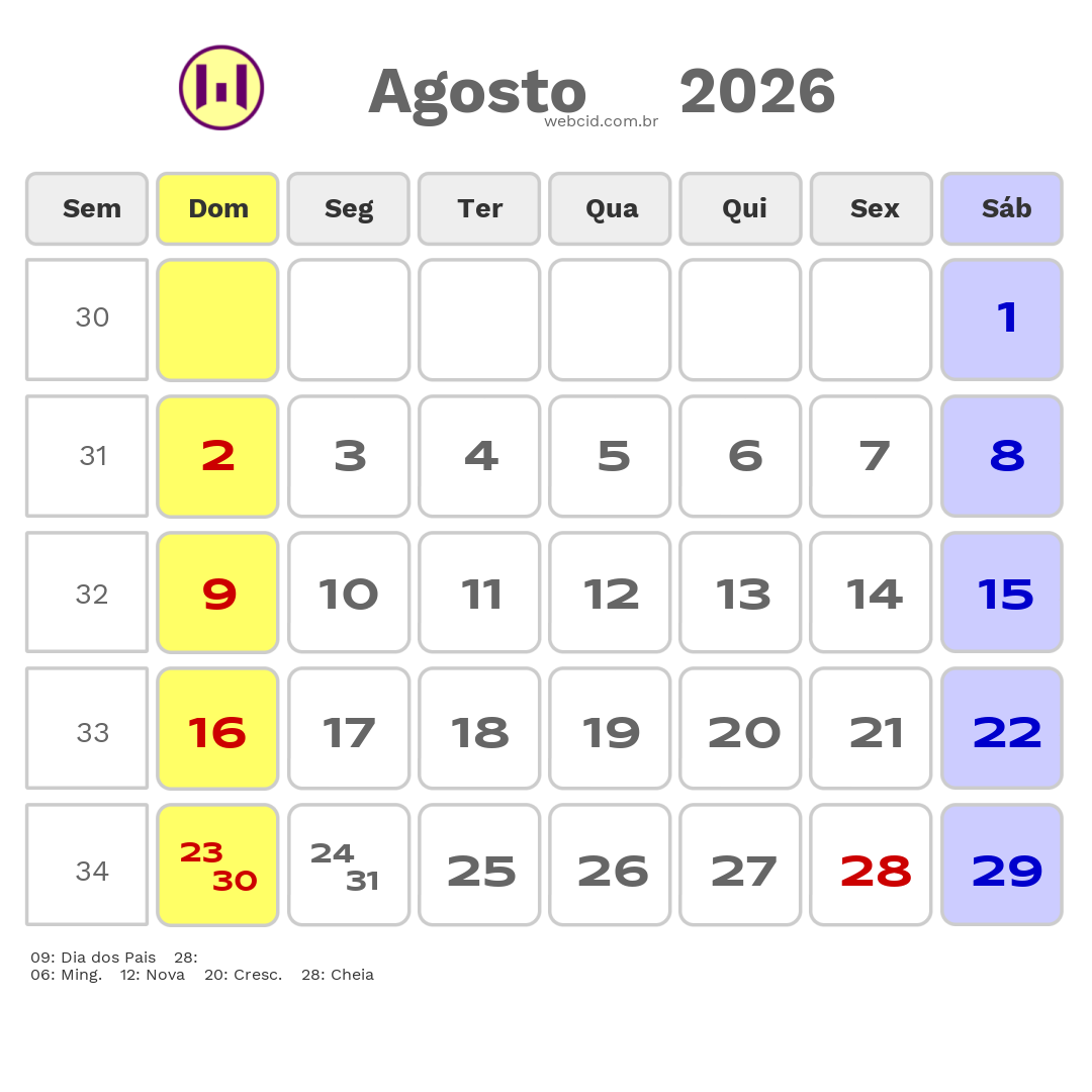 Calendário 2026 - Agosto - Governador Nunes Freire-MA com feriados e fases da lua