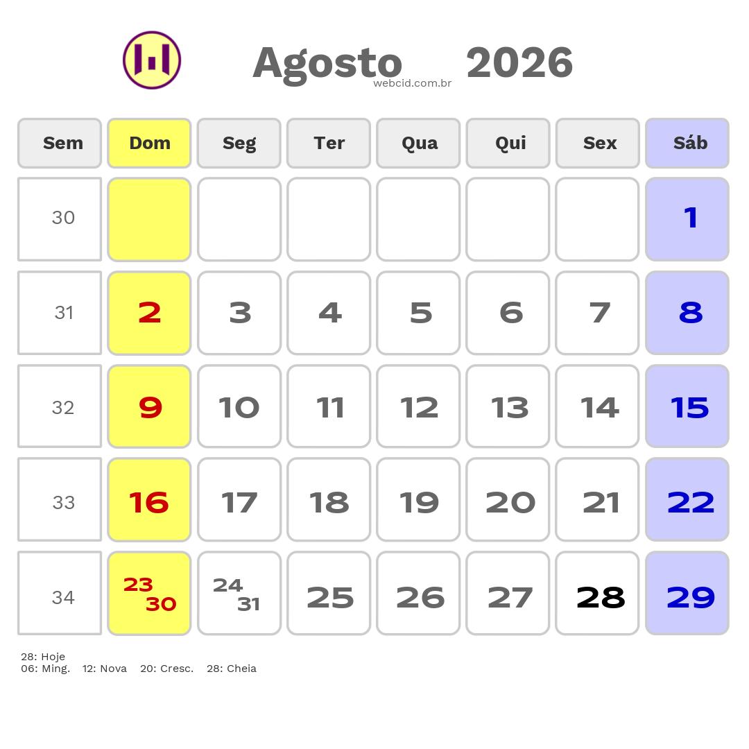 Calendário 2026 - Agosto - Moçambique com feriados e fases da lua