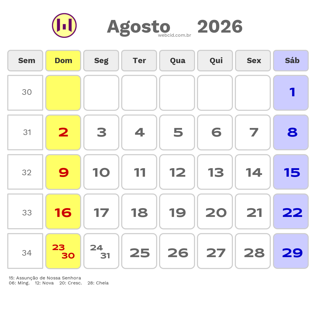 Calendário 2026 - Agosto - Portugal com feriados e fases da lua