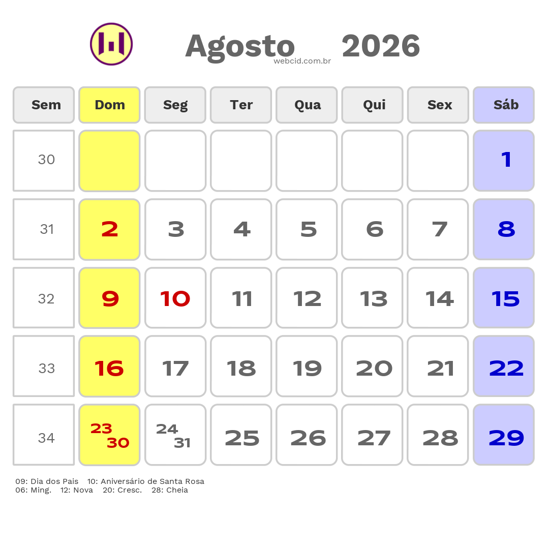 Calendário 2026 - Agosto - Santa Rosa-RS com feriados e fases da lua