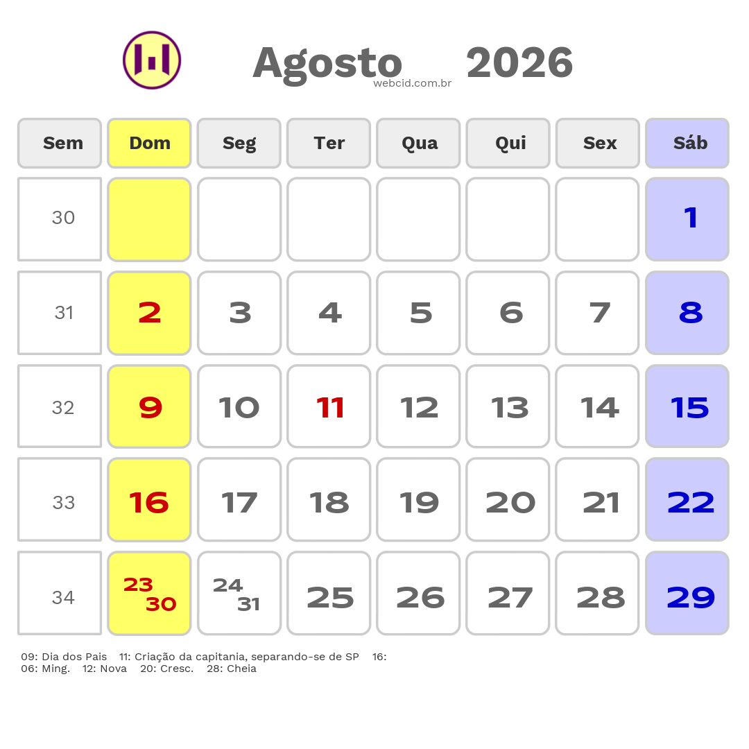 Calendário 2026 - Agosto - Timbe do Sul-SC com feriados e fases da lua