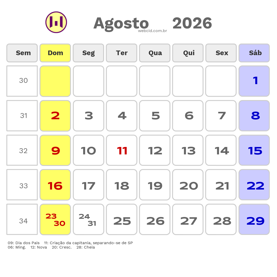 Calendário 2026 - Agosto - Tubarão-SC com feriados e fases da lua