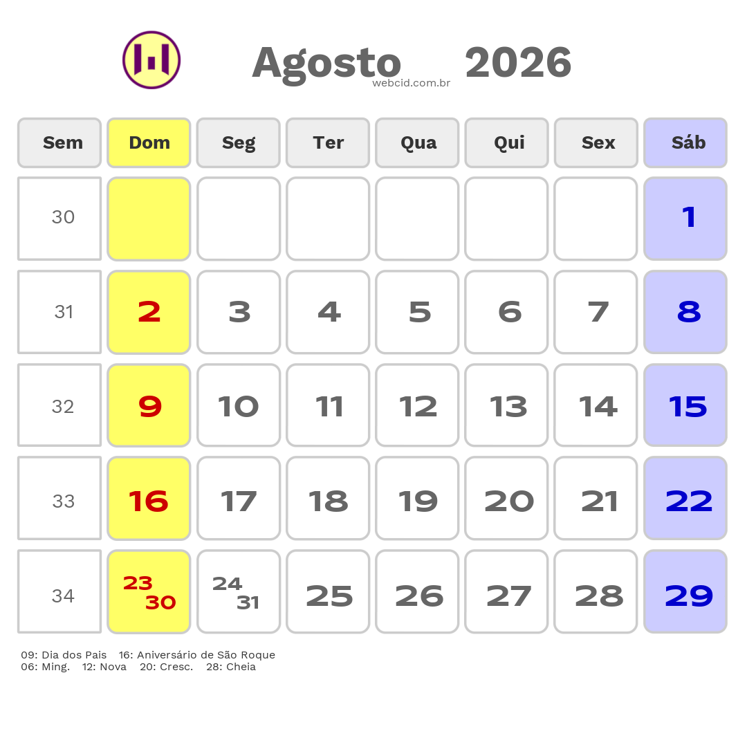 Calendário 2026 - Agosto - São Roque-SP com feriados e fases da lua