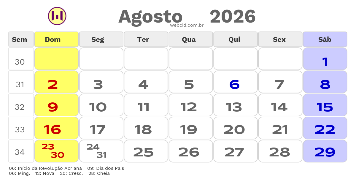 Calendário 2026 - Agosto - Feijó-AC com feriados e fases da lua
