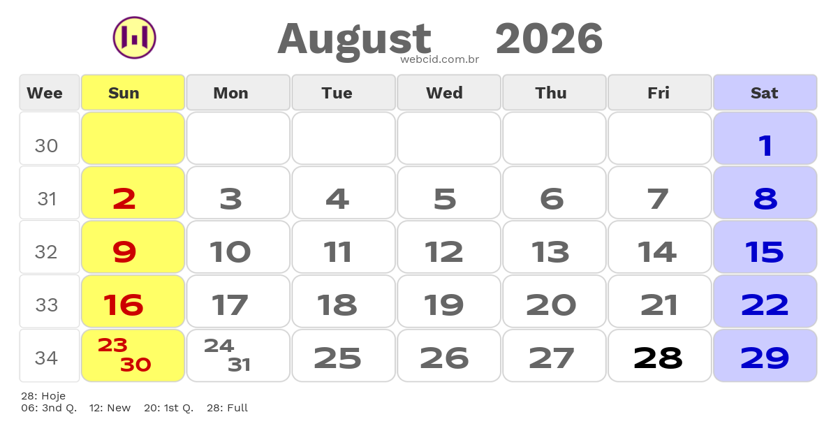 Calendar 2026 - August - Austrália com feriados e fases da lua