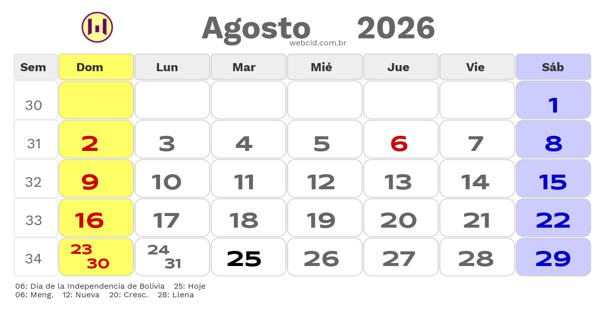 Calendario 2026 - Agosto - Bolívia com feriados e fases da lua