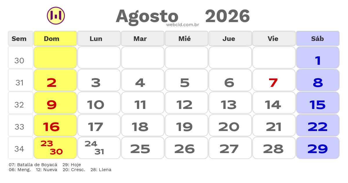 Calendario 2026 - Agosto - Colômbia com feriados e fases da lua