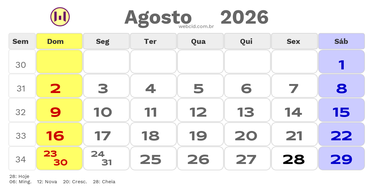 Calendário 2026 - Agosto - Copa do Mundo FIFA com feriados e fases da lua