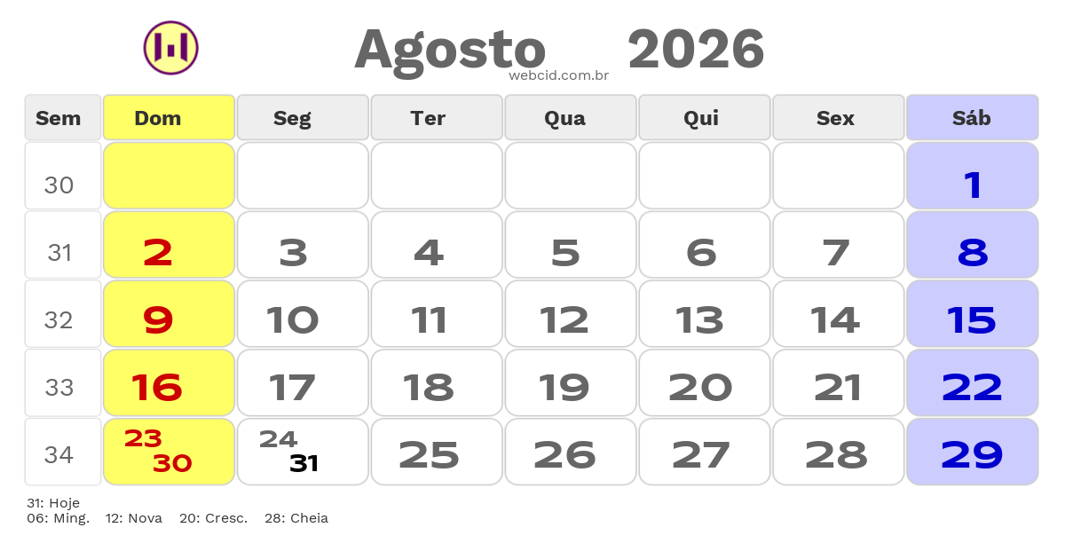 Calendário 2026 - Agosto - Feriados Bancários com feriados e fases da lua