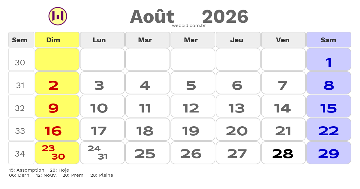 Calendrier 2026 - Août - La France com feriados e fases da lua