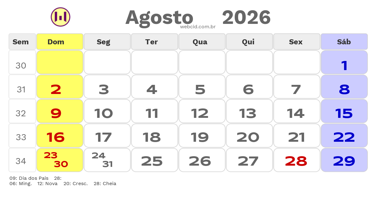 Calendário 2026 - Agosto - Governador Nunes Freire-MA com feriados e fases da lua
