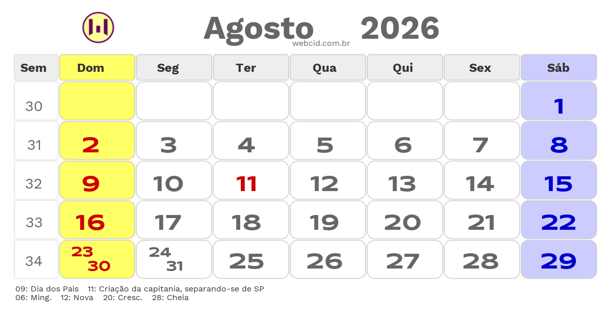 Calendário 2026 - Agosto - Tubarão-SC com feriados e fases da lua