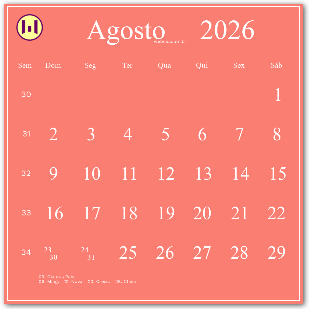 Calendário 2026 - Agosto - Brasil com feriados e fases da lua