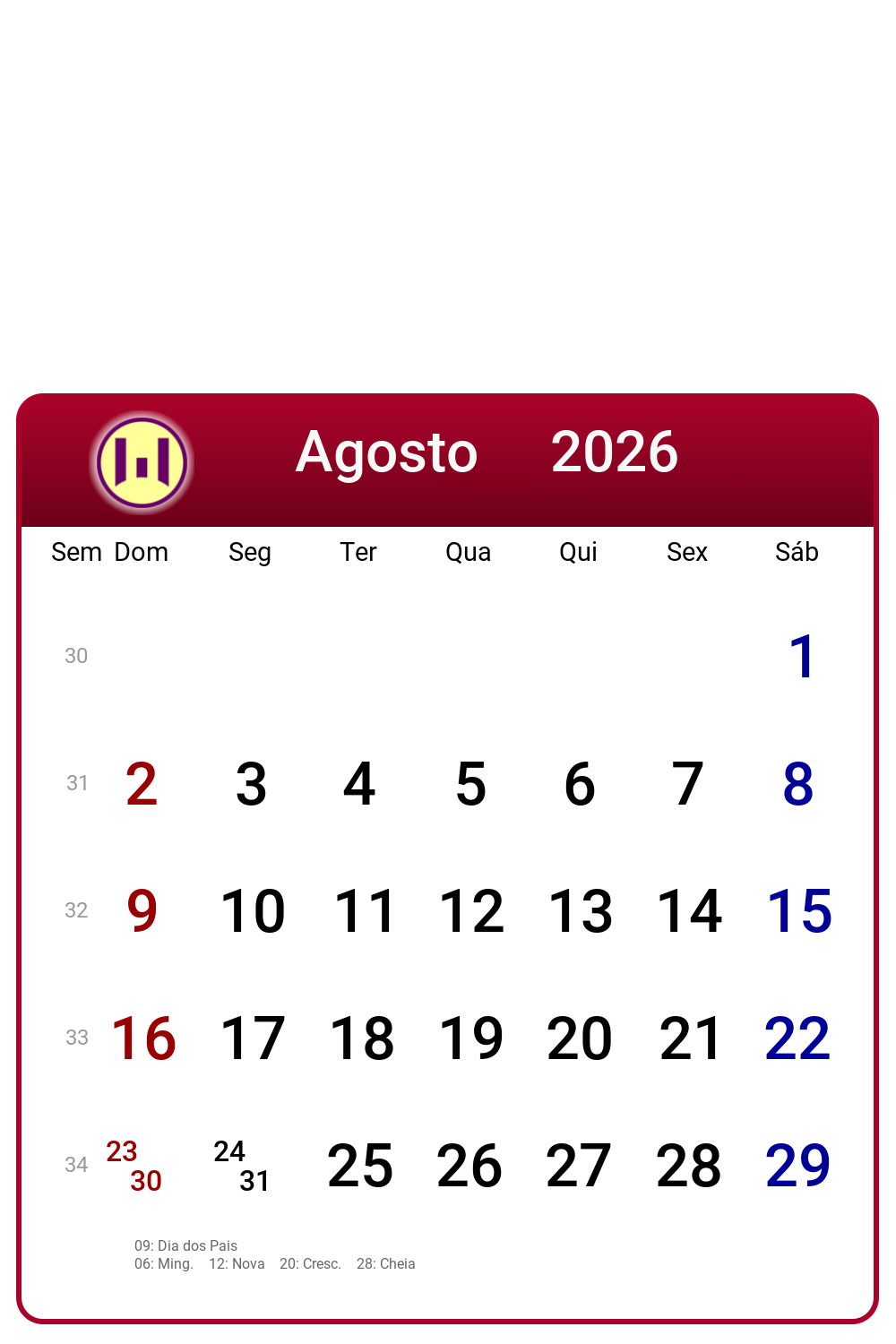 Calendário 2026 - Agosto - Brasil com feriados e fases da lua