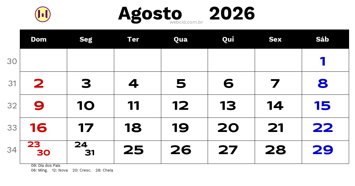 Calendário 2026 - Agosto - Brasil com feriados e fases da lua